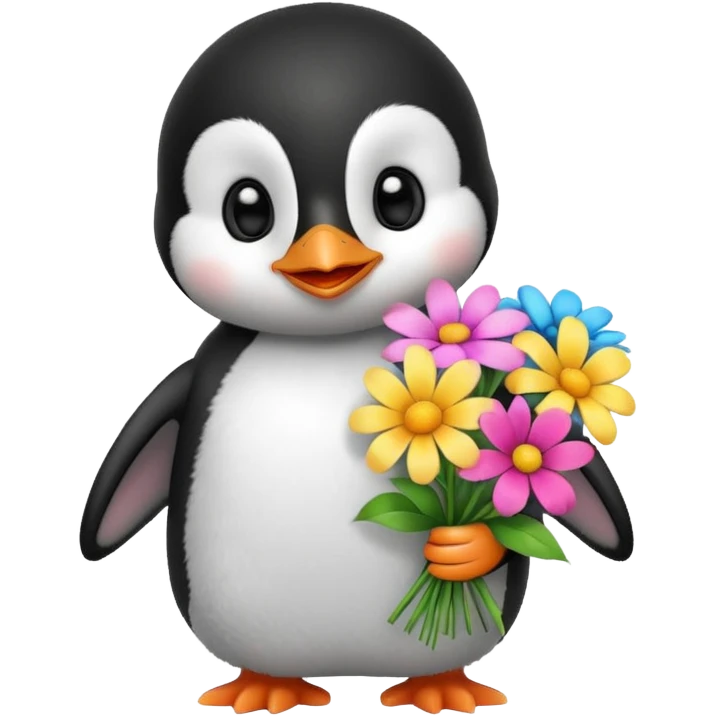 Cute baby penguin holding flower bouquet emoji