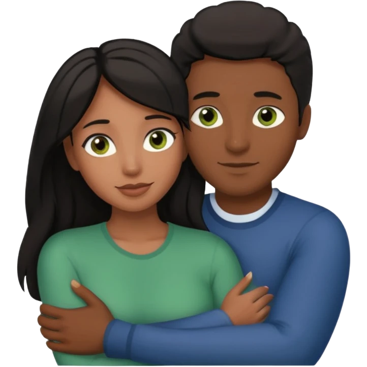 Couple embracing with arms around each other; black woman with brown eyes and lush hair, white man with brown hair and green eyes emoji