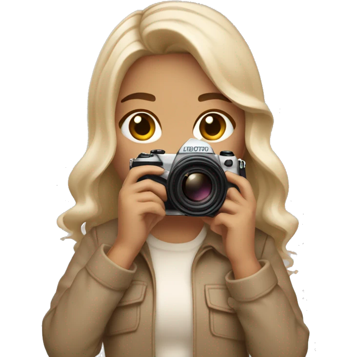 An aesthetic girl photographer holding a camera (in beige, neutral tones) light skin tone, mid hair length with light waves emoji