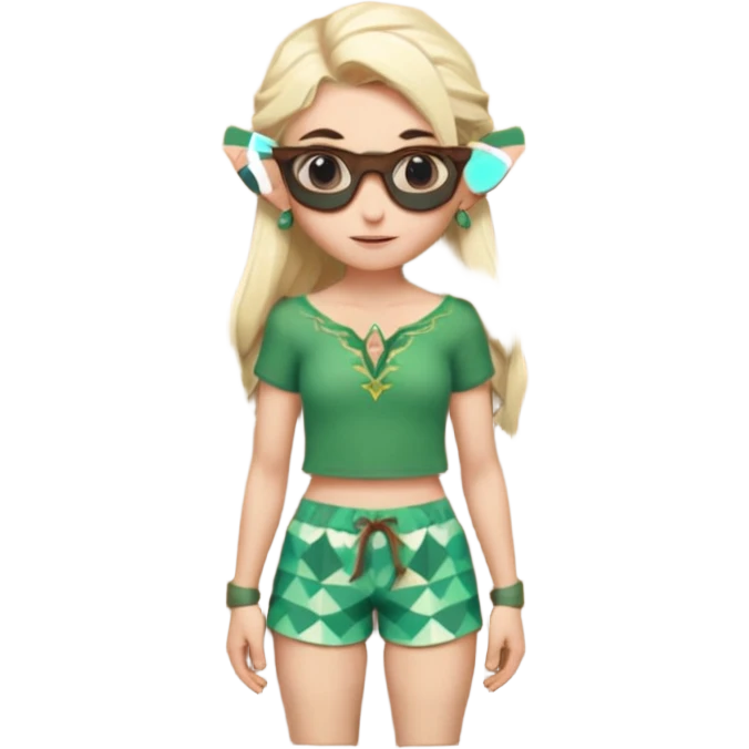 elf female legolas portrait, patterned board shorts (geometric/abstract), unique wooden-framed sunglasses, undercut hairstyle, slight smirk, visible pointy ears, no background, centered emoji, hipster summer vibe coctails emoji