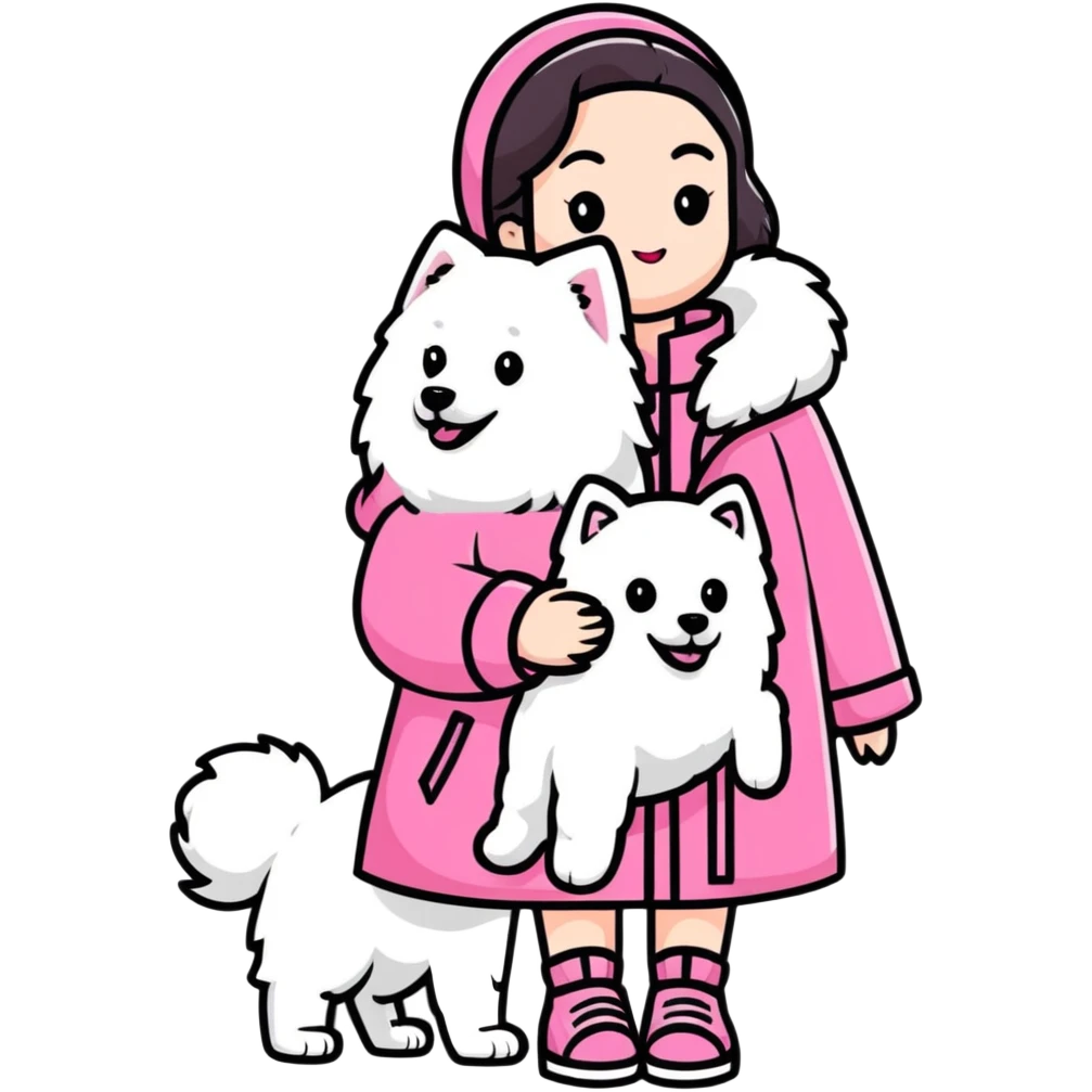girl in pink Chanel-style outfit with white Samoyed dog emoji