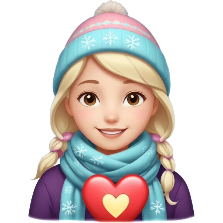 A cute, warm Christmas emoji-style illustration for a romantic A cozy winter atmosphere, soft pastel colors, gentle lighting. A sweet smiling girl with a warm scarf, glowing Christmas lights, snowflakes, and a small heart symbol. clean lines, closeness, and affection.
 emoji