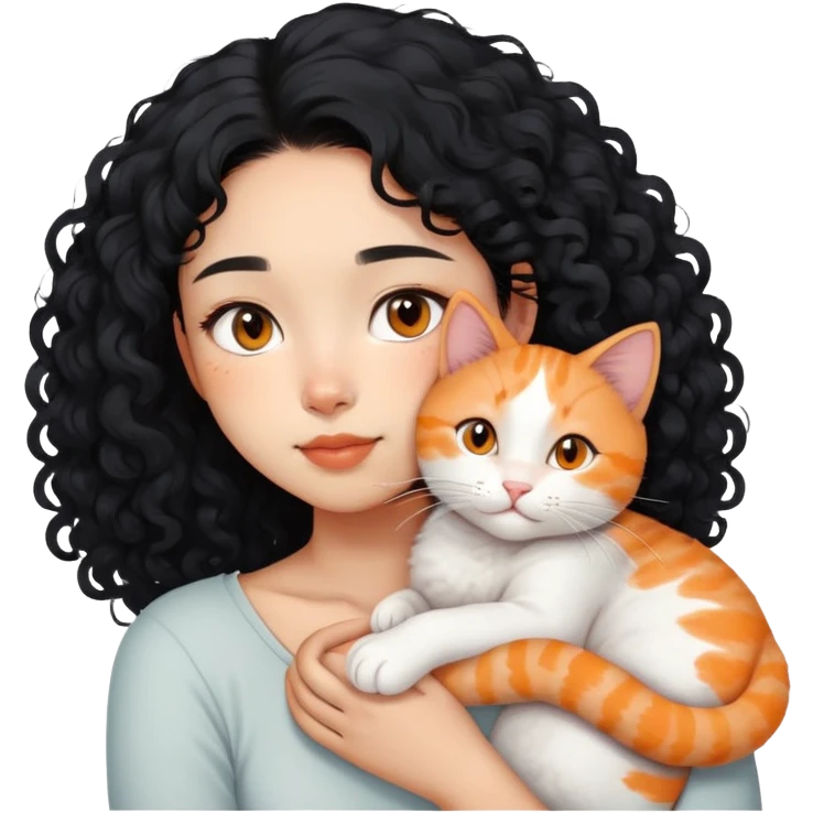 Asian girl with curly black hair and the cat is lying on her shoulder, cat is mostly white with orange markings, tender moment emoji