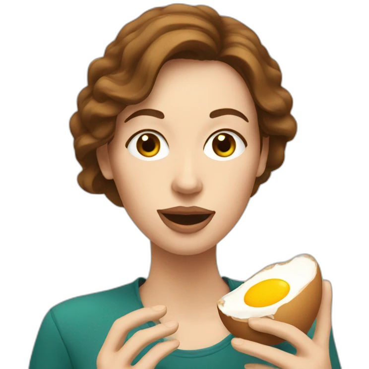 White Woman with brown hair eats eggs emoji