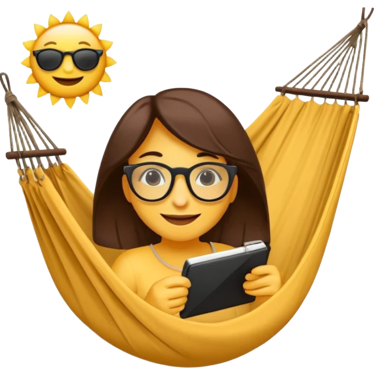 Créer un emoji stylisé et coloré représentant le week-end, joyeux et relaxant. L’emoji doit être rond, lumineux, avec un visage souriant ou des lunettes de soleil teint noir. Ajouter des éléments évoquant le repos ou le plaisir : café, hamac, soleil, musique, détente.  emoji
