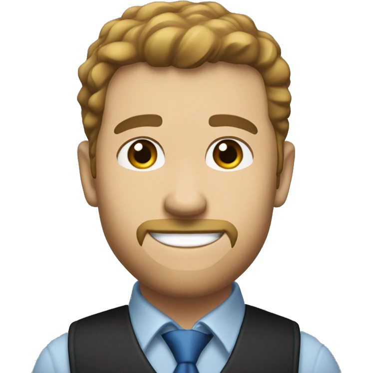 A white man who looks about 25 years old, light-skinned with well-groomed brown hair and a slight goatee. He is wearing a blue shirt, a gold tie, and a black vest. He is smiling. emoji