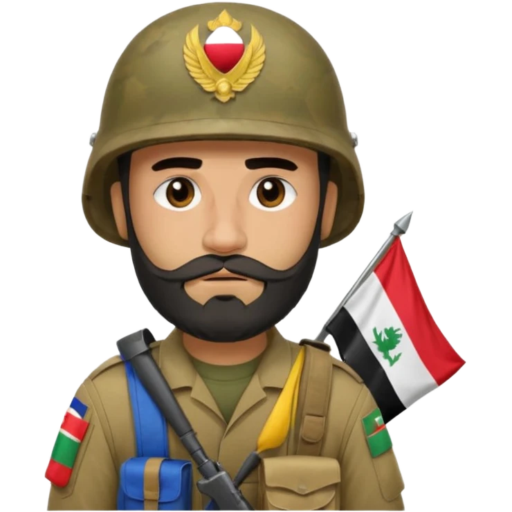 A very tired and sad, swarthy Iraqi soldier with a beard, an Iraqi flag on his helmet, a sad expression and bags under his eyes emoji