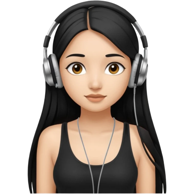 a fair INDIAN girl with straight black long hair, wearing a black cami top. and wearing silver  headphones on emoji