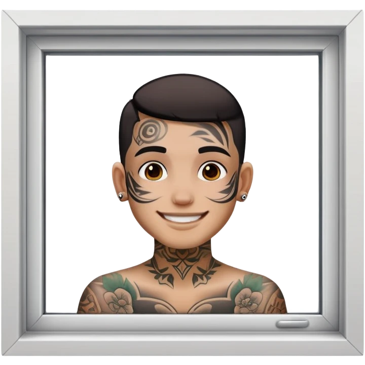 person with face tattoo looking out of window happy emoji