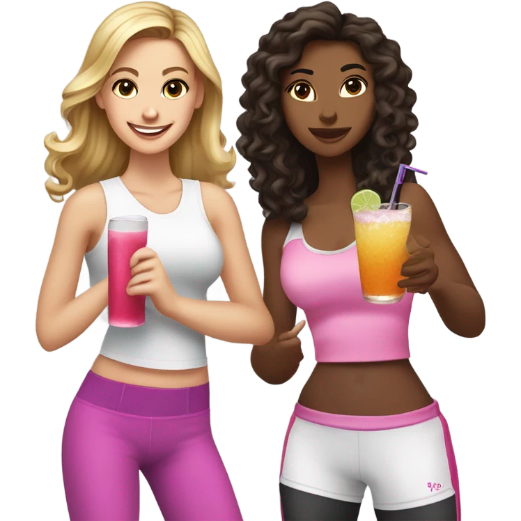 Long curly brown hair with blonde highlights, white skin with a cocktail and a beautiful brunette with a Yorkie and a beautiful blonde girl with pink boxing gloves and a white skin black hair girl white shirt working out emoji