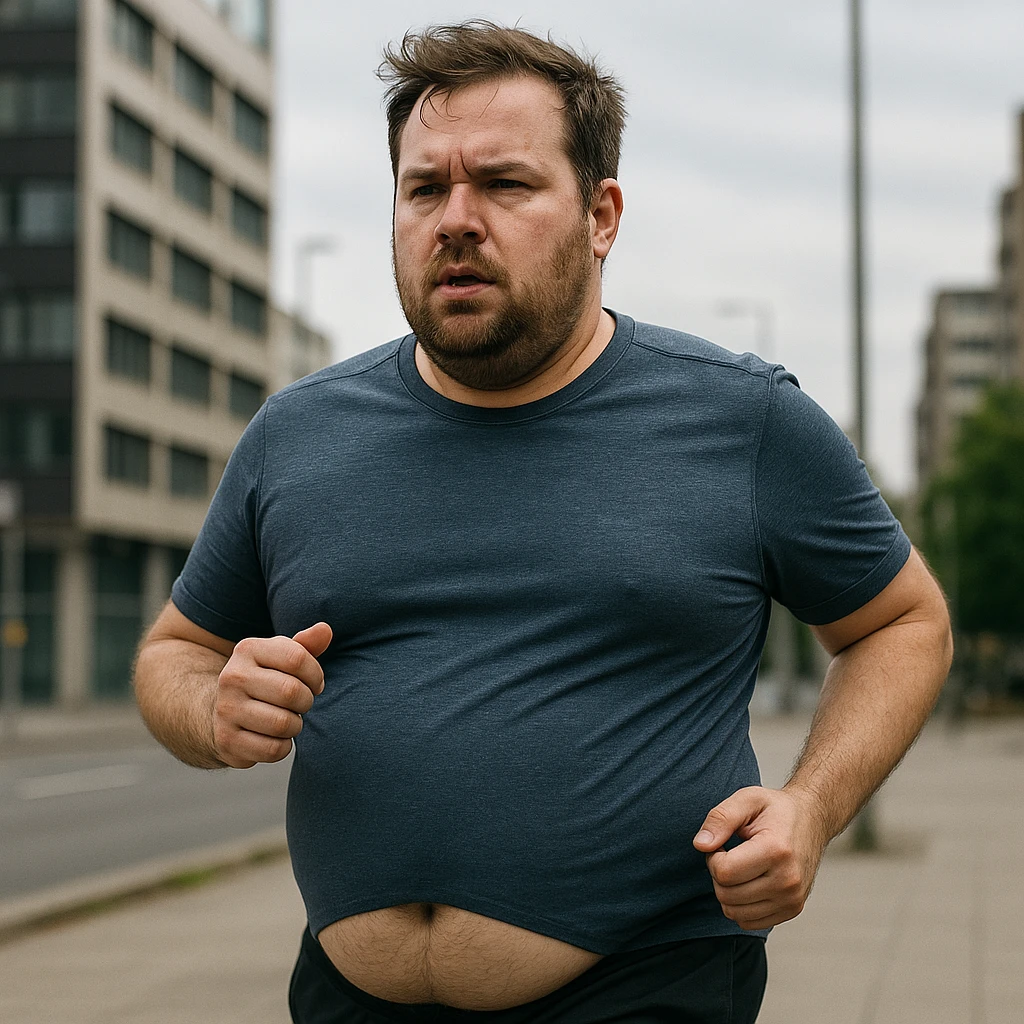 hyper realistic 4K image of a man running outdoors, following a healthy diet but stubborn belly fat persists, realistic details, urban background emoji