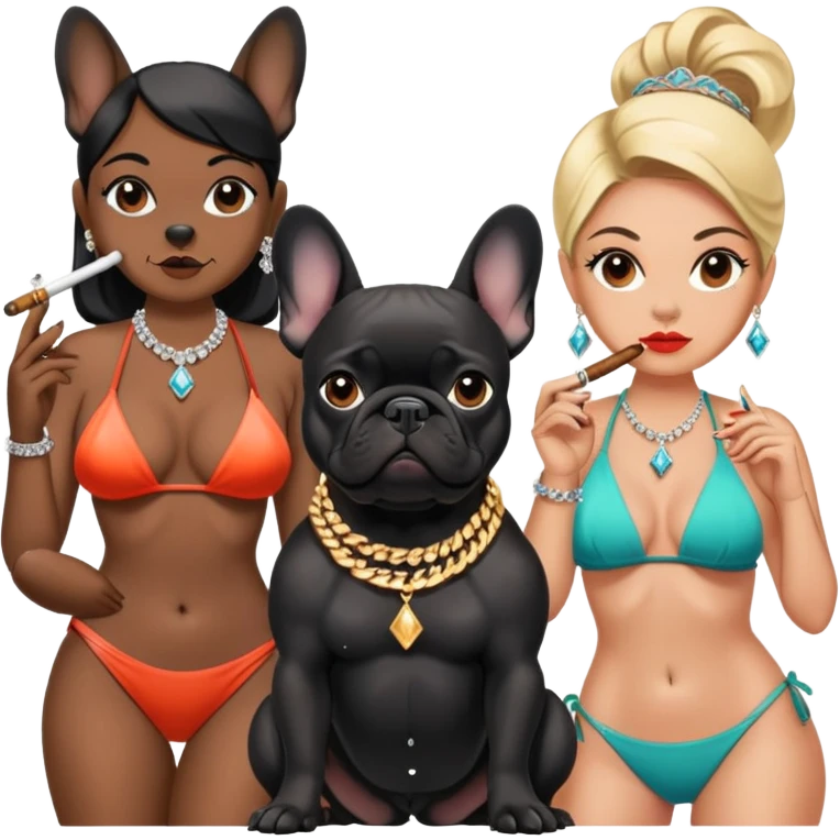 Black French bulldog smoking and had a diamond chain on with 2 bad bitches next to him  emoji
