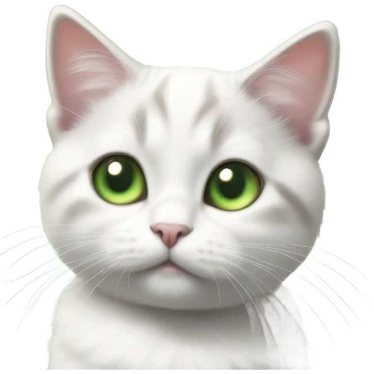 White munchkin cat standing with grey triangle of fur on head and green eyes emoji