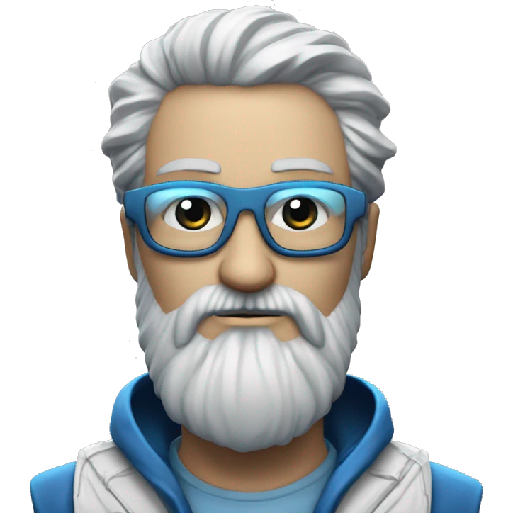 Homme grande barbe blanche, chauve, yeux bleu lunette et manteau cyberpunk emoji