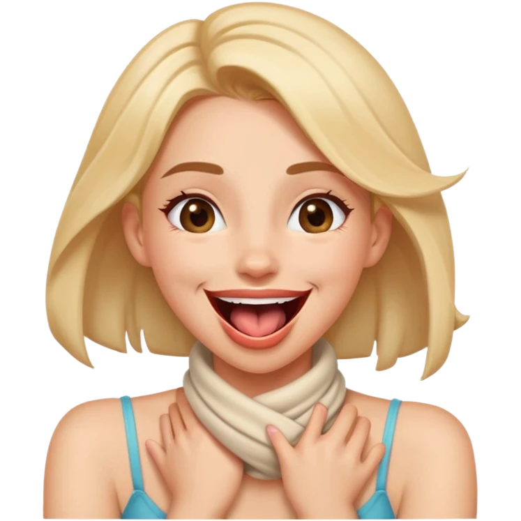 cartoonish girl with her hands wrapped around her own neck, laughing, tongue out emoji