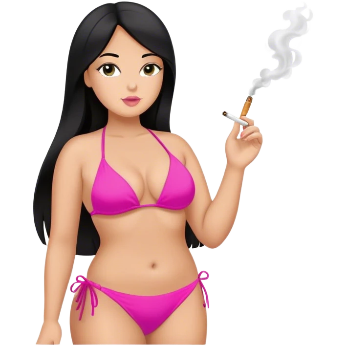 caucasian curvy girl in pink bikini, long straight black hair smoking  emoji