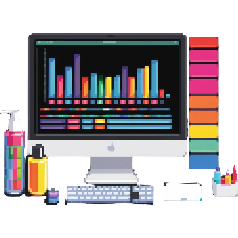 iMac computer with colorful bar charts and beauty products inside the screen emoji