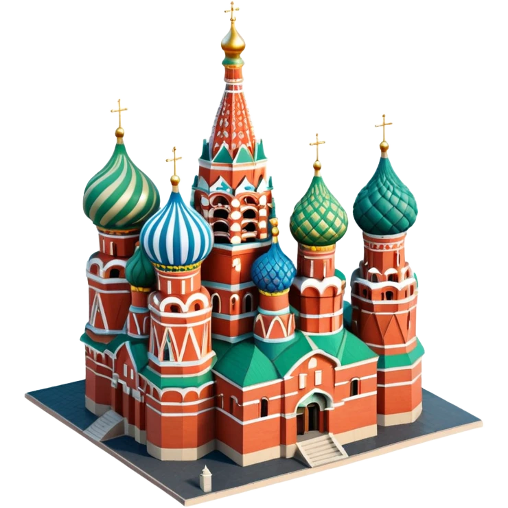 Isometric illustration of Moscow, featuring photorealistic Saint Basil's Cathedral with colorful onion domes, hand-drawn painterly details, subtle texture on bricks and roofs, realistic shadows and soft lighting, muted yet vivid color palette, diorama miniature effect. emoji