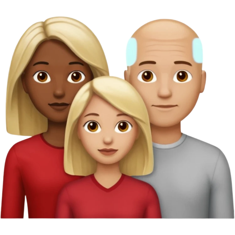 one male medium dark skin tone no hair and one woman light skin tone blonde highlights shoulder length hair and one woman light skin tone deep red long hair three people total emoji