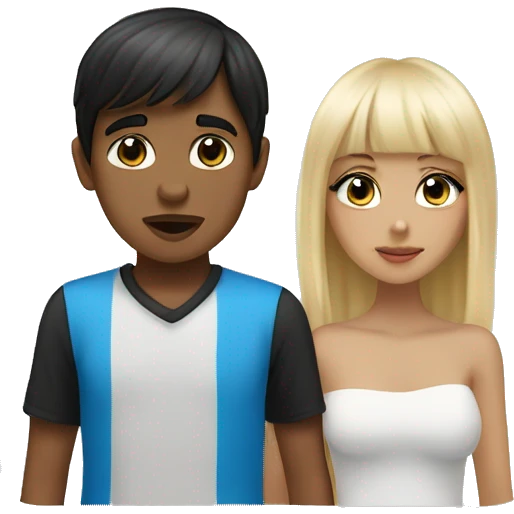 Tan skin girl with black hair and bangs, white skin boy with blonde hair and blue eyes, kissing emoji