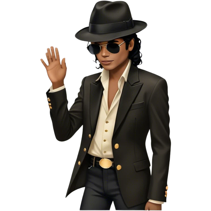 Icon for R&B Music: Michael Jackson in his iconic pose at the end of a song, head tilted, holding his black fedora with one hand. He stands in profile, embodying the smooth and soulful energy of R&B. Musical notes surround him. Transparent background. emoji