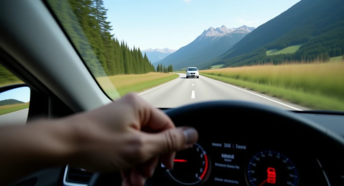 Realistic camshot pov car (hands holding car wheel) switzerland road with car crash emoji