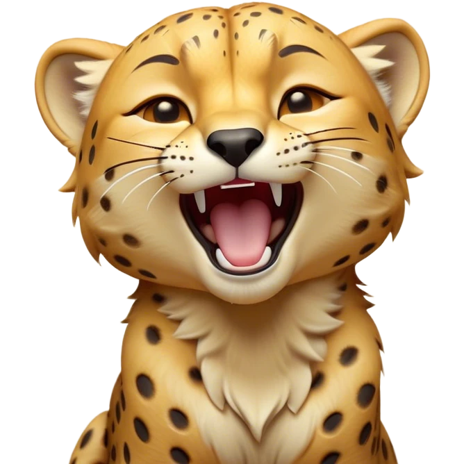 Cinematic Cute Yawning Cheetah Portrait Emoji, Head tilted slightly with a dramatic, wide-open yawn, showcasing a soft, sleek golden Fur with distinctive spots and floppy ears slightly drooping, round amber eyes barely open in drowsy contentment, Simplified yet irresistibly adorable features, highly detailed, glowing with a soft, cozy glow, high shine, relaxed yet expressive, stylized with a touch of savannah whimsy, bright and endearing, soft glowing outline, capturing the essence of a sleepy yet affectionate cheetah, so drowsy it feels like it could stretch right out of the screen and curl up for a nap! emoji