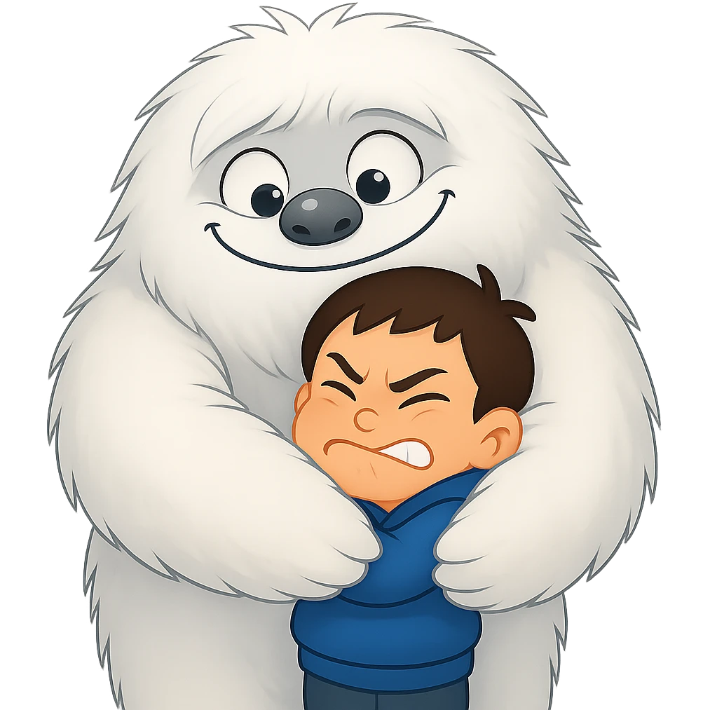 Make the hug even tighter, with the Abominable Snowman squeezing the much smaller kid, keep the background transparent. The style should resemble the original image's look and feel. emoji