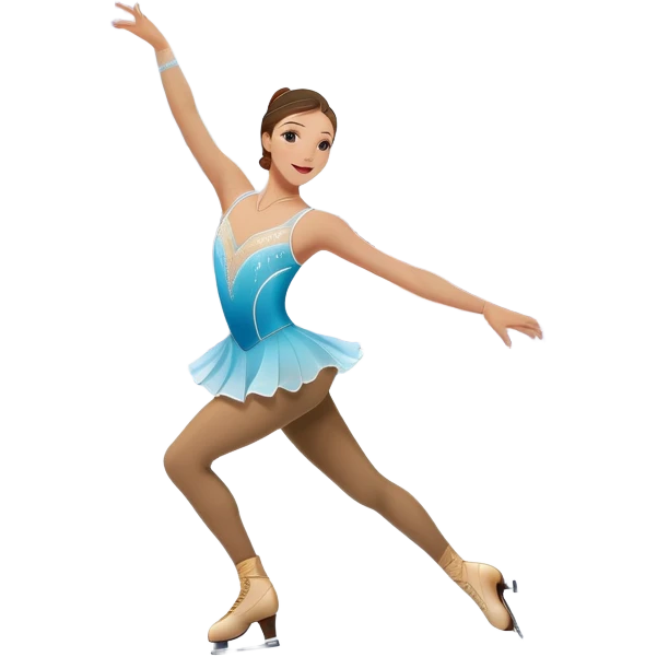 An colorful icon featuring a graceful figure skater performing a spin on the ice. The background includes a grand ice rink palace with shining spotlights and cheering spectators in the stands. Transparent background highlights the elegance and artistry of figure skating emoji