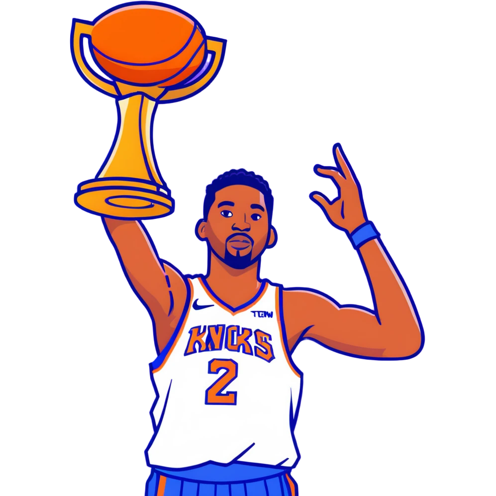 New York Knicks basketball player celebrating with NBA championship trophy, confetti, blue and orange emoji
