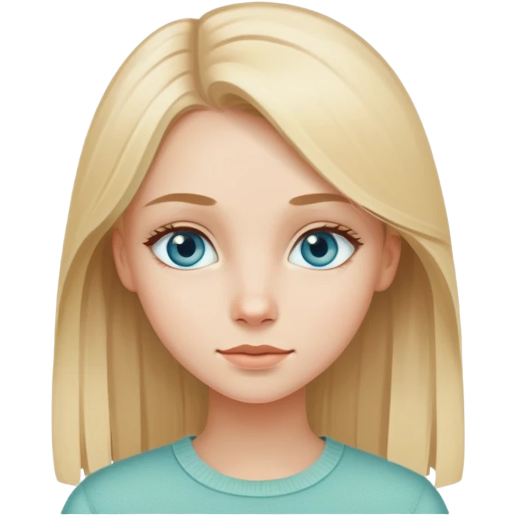 Blonde girl with blue eyes. Cottage style, on pastel green, brownish and beige colours. Straight hair. emoji