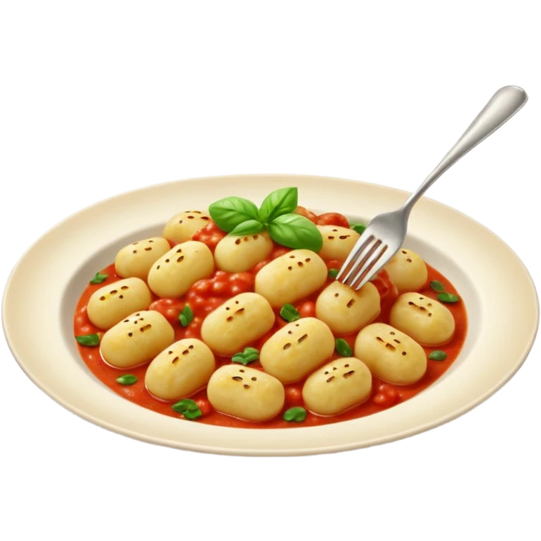 Gnocchi Cinematic Realistic Gnocchi Dish Emoji, depicted as tender oblong potato gnocchi garnished with iconic fork marks on top, rendered with soft textures and warm, inviting lighting. add red sauce emoji