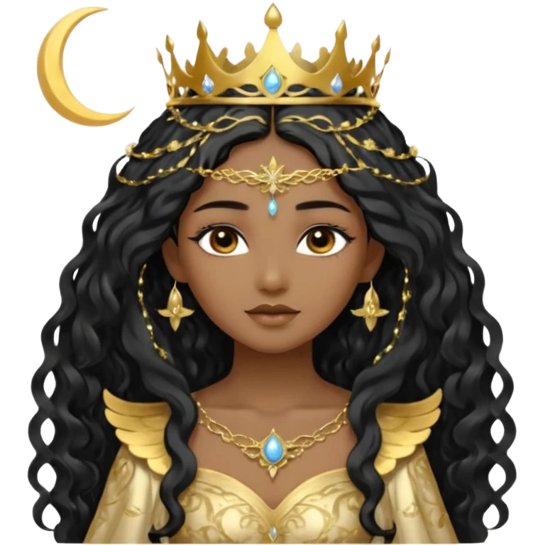 a black beautiful angel with gold pattern on her face and and long wavy black hair, she wears a ethereal crown with sparkling strings and a beautiful sparkling golden gown with moon crest in the middle of the gown, her face calm, gentle and kind, magical aura around her emoji