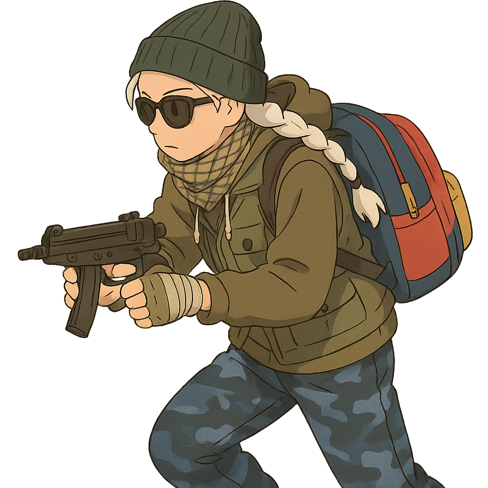 1 female, long white braid, knit cap, dark sunglasses, shemegh neckwrap, fishing vest, vibrant shool backpack, drab hoodie, handwraps, blue camo pants, tactical reload of a VZ-64 Scorpion, hunched over, on the move emoji