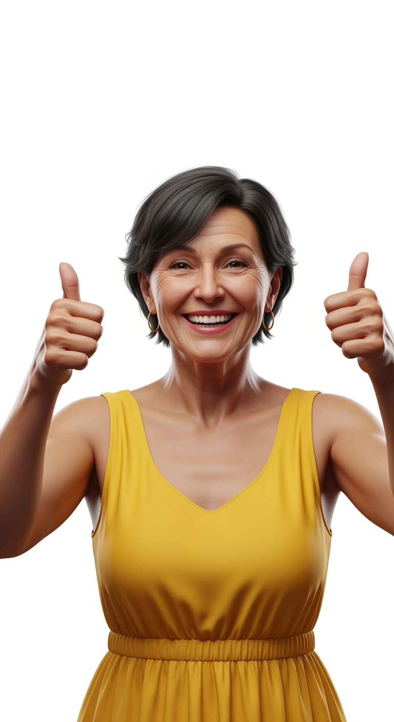 DONNA FELICE CON POLLICI ALZATI, IPERREALISTICA 4K, SENZA SFONDO emoji