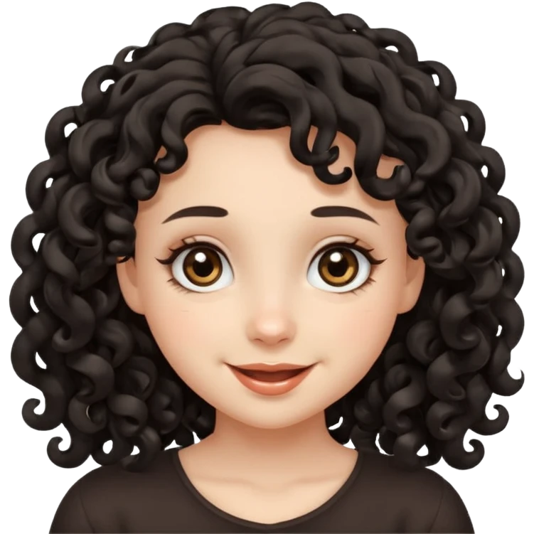 girl with flowing black curls, hazel eyes, cute expression emoji