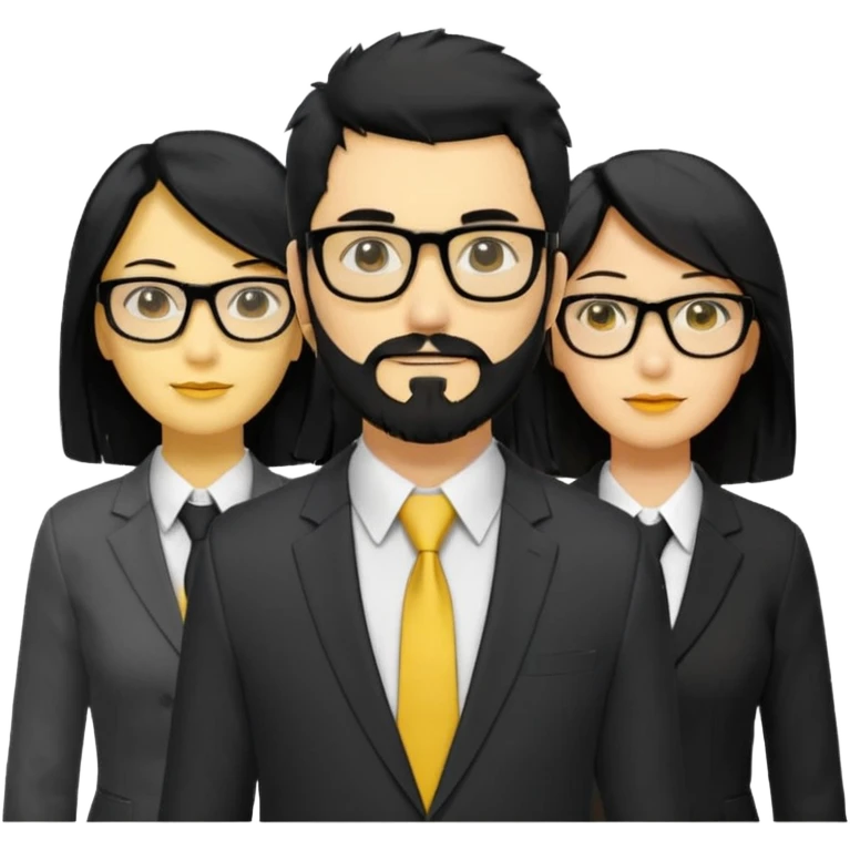 A work group avatar.Layout: two men (middle), two women (sides). Left woman: yellow skin, long black hair, glasses. Middle-left man: yellow skin, short black hair, thick black beard, shirt. Middle-right man: yellow skin, short black hair, no beard, suit. Right woman: yellow skin, long black hair.  emoji