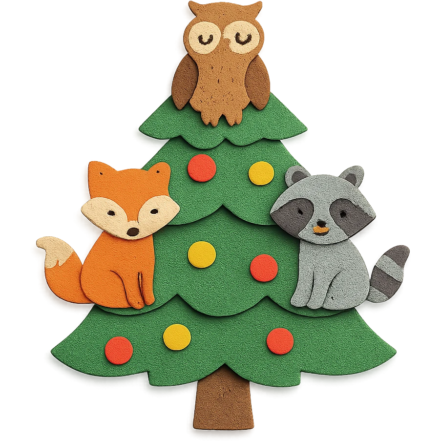 pine tree decorated with woodland critters in paper-craft style emoji