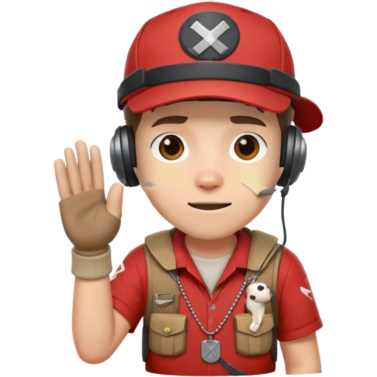 Team Fortress 2 Scout with red shirt, headset, baseball cap, dog tags, and bandages on hands emoji