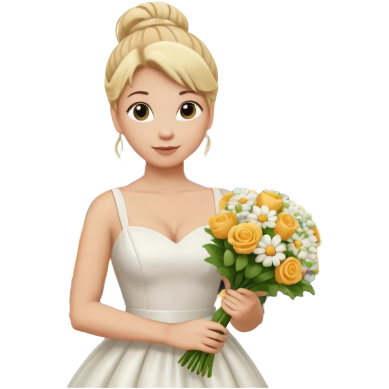 Chica blanca, cabello rubio, recogido en moño alto con mechones, vestido novia , cuerpo entero, ramo de flores en una mano, cola trasera emoji