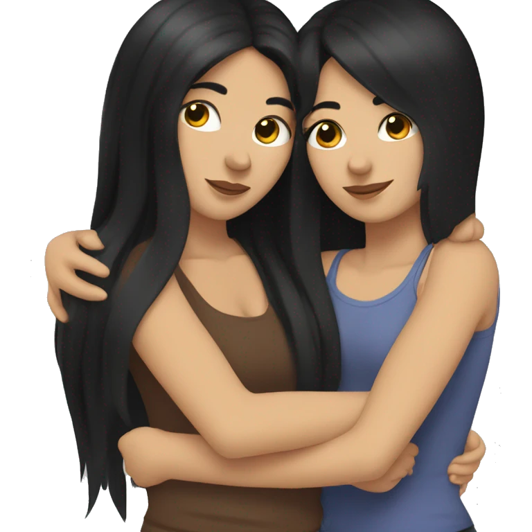 Lesbian with long black hair and white skin hugging her girlfriend from behind emoji