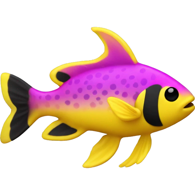 tiny fish with purpleish pink front half, neon yellow back half and black dot on top fin emoji