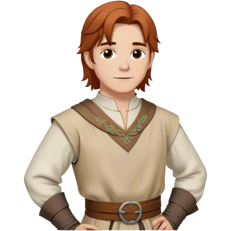 medieval spring outfit worn by a DnD themed fantasy male character. lightweight linen tunic with decorative stitching along the neckline and cuffs, belted at the waist with a cloth sash. clothes only above the waist. The clothes full waist. The character's haven't arms. character is white-skinned, auburn hair, brown eyes, shoulder-length straight hair. emoji