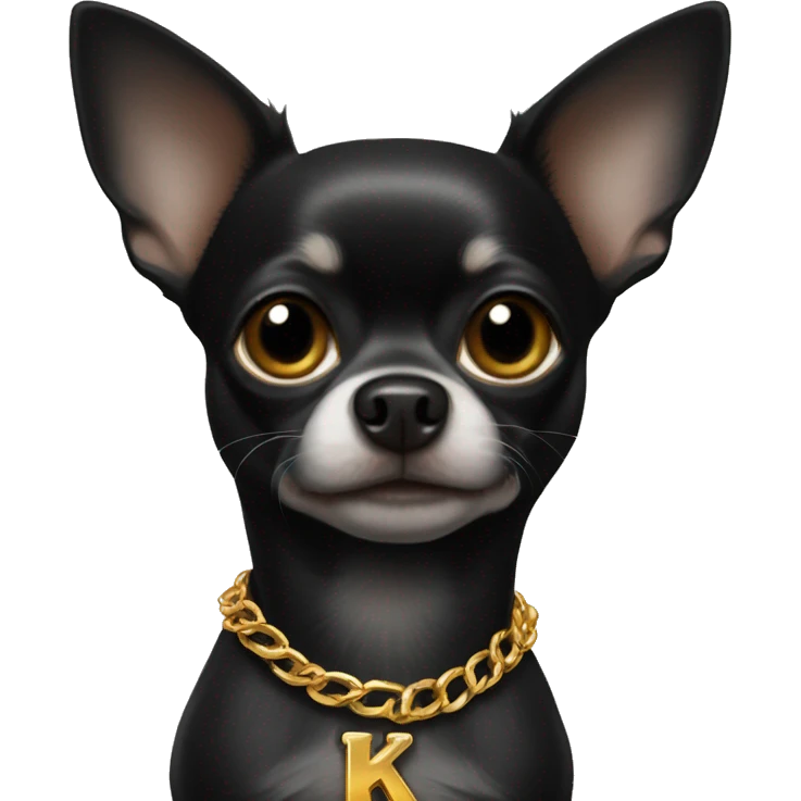 Black chihuahua wearing golden chain with letter k emoji