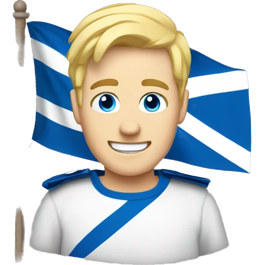 Male with blonde hair and blue eyes waving hand smiling with a Scotland flag 🏴󠁧󠁢󠁳󠁣󠁴󠁿  emoji