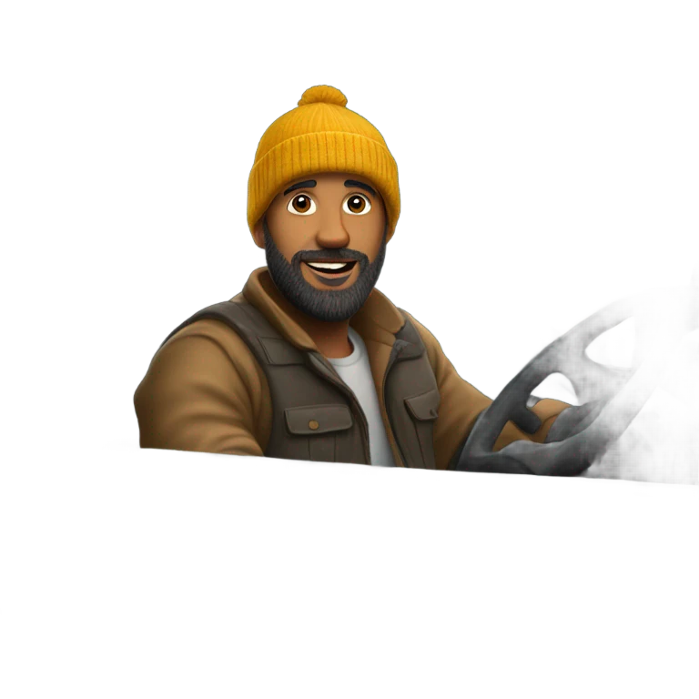 Guy wearing a beanie with a beard driving a truck emoji