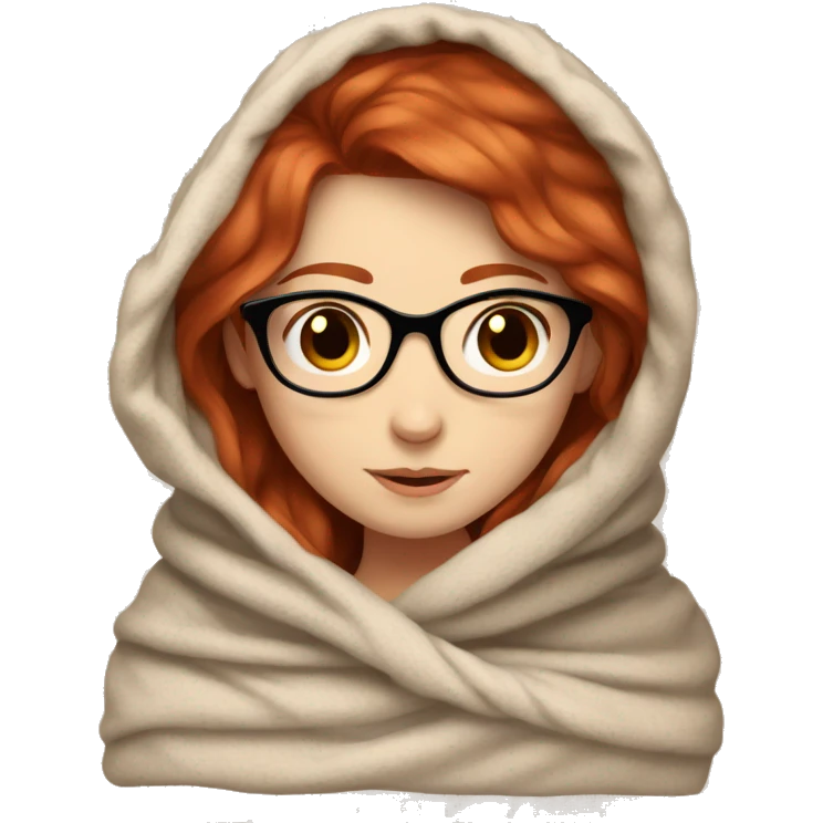 Girl with red hair and pale skin, brown eyes wearing glasses in a cozy blanket  emoji