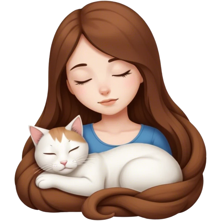 A pretty white girl with very long brown hair and sleeping curled up to a white cat  emoji