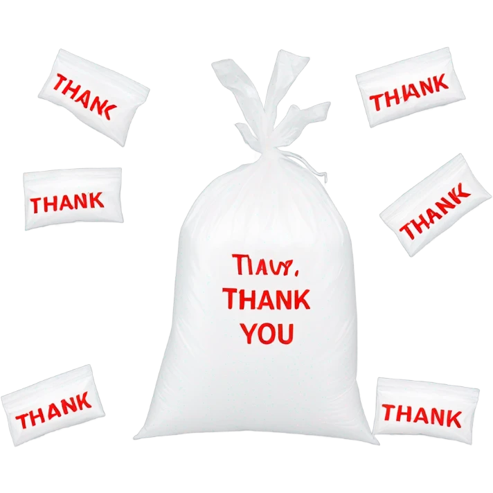 White plastic bag word thank you written on it in red on it repeated 3 times  emoji