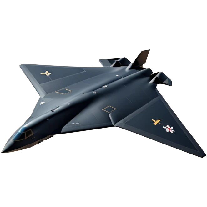 B-2 Spirit bomber - Northrop B-2 (Model Year: 2021) (Iconic colour: Stealth black) - A sleek, stealth bomber with smooth, angular contours and a matte jet-black finish. Emphasize a futuristic, minimalist design with a seamless fuselage, low-profile wings, and an overall intimidating stealth aesthetic. emoji